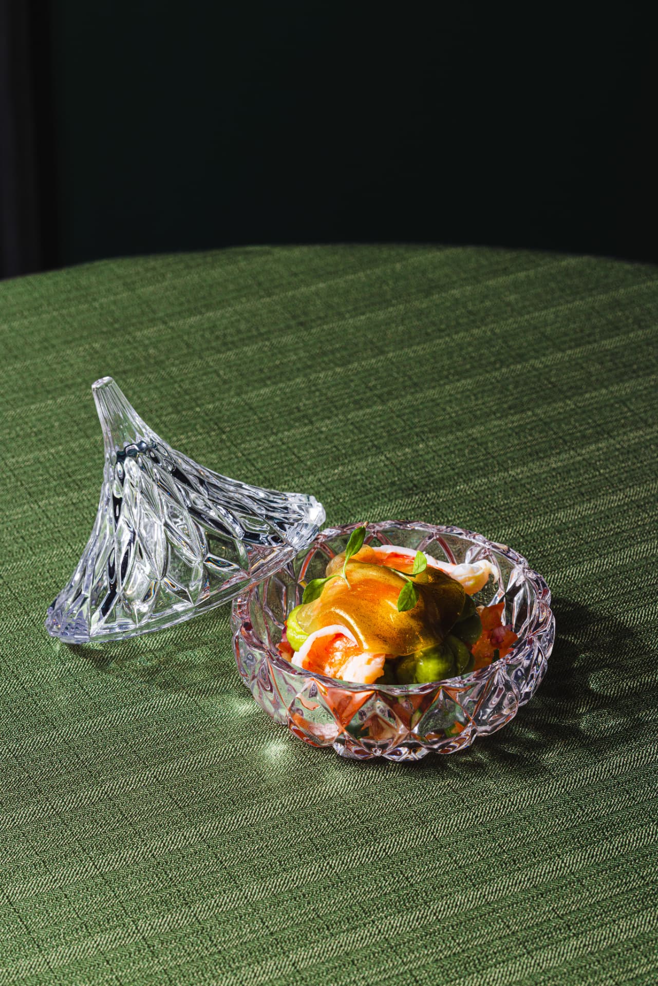 Chilled prawn and avocado served in cut crystal at The Margin